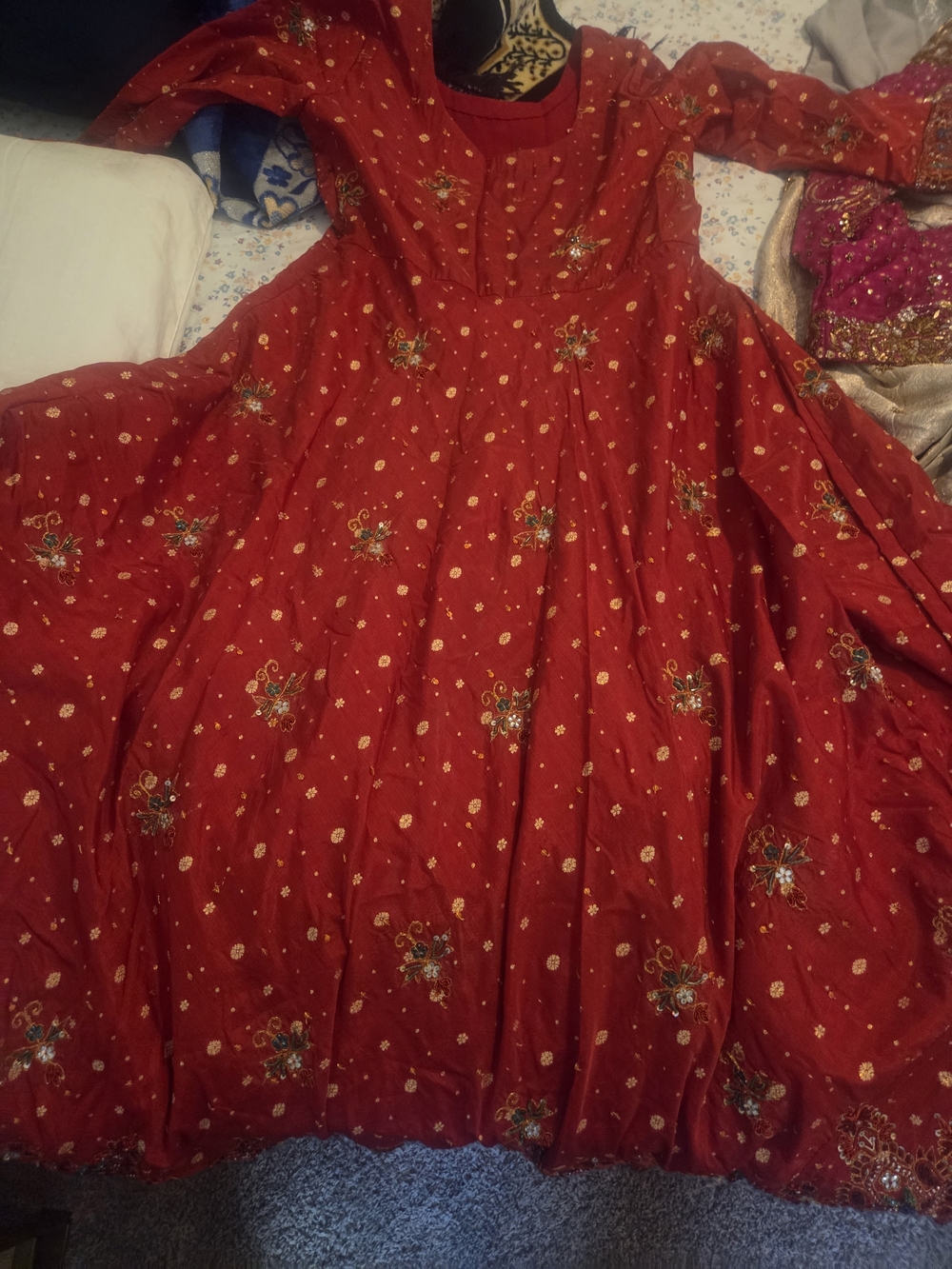 Red Embellished Maxi Dress with Floral Embroidery